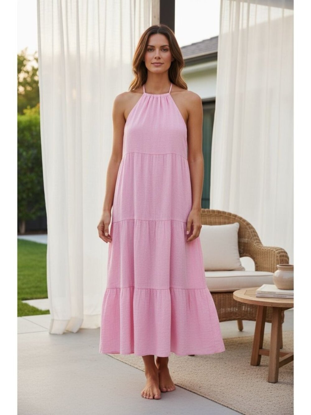 Steve Madden Women's Pink Halter Maxi Dress Size M Tiered Design Lightweight Fab
